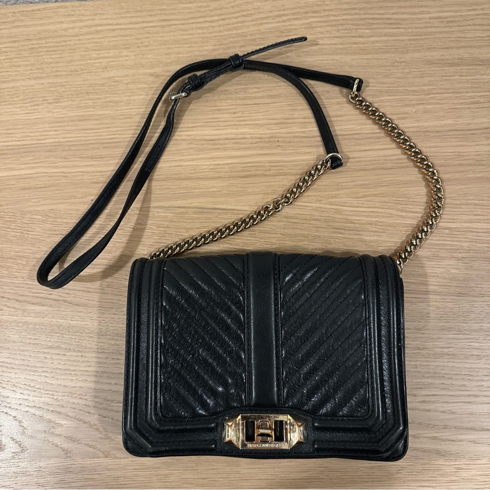 Rebecca Minkoff Black Chevron Quilted Small Love Crossbody, Gold Hardware